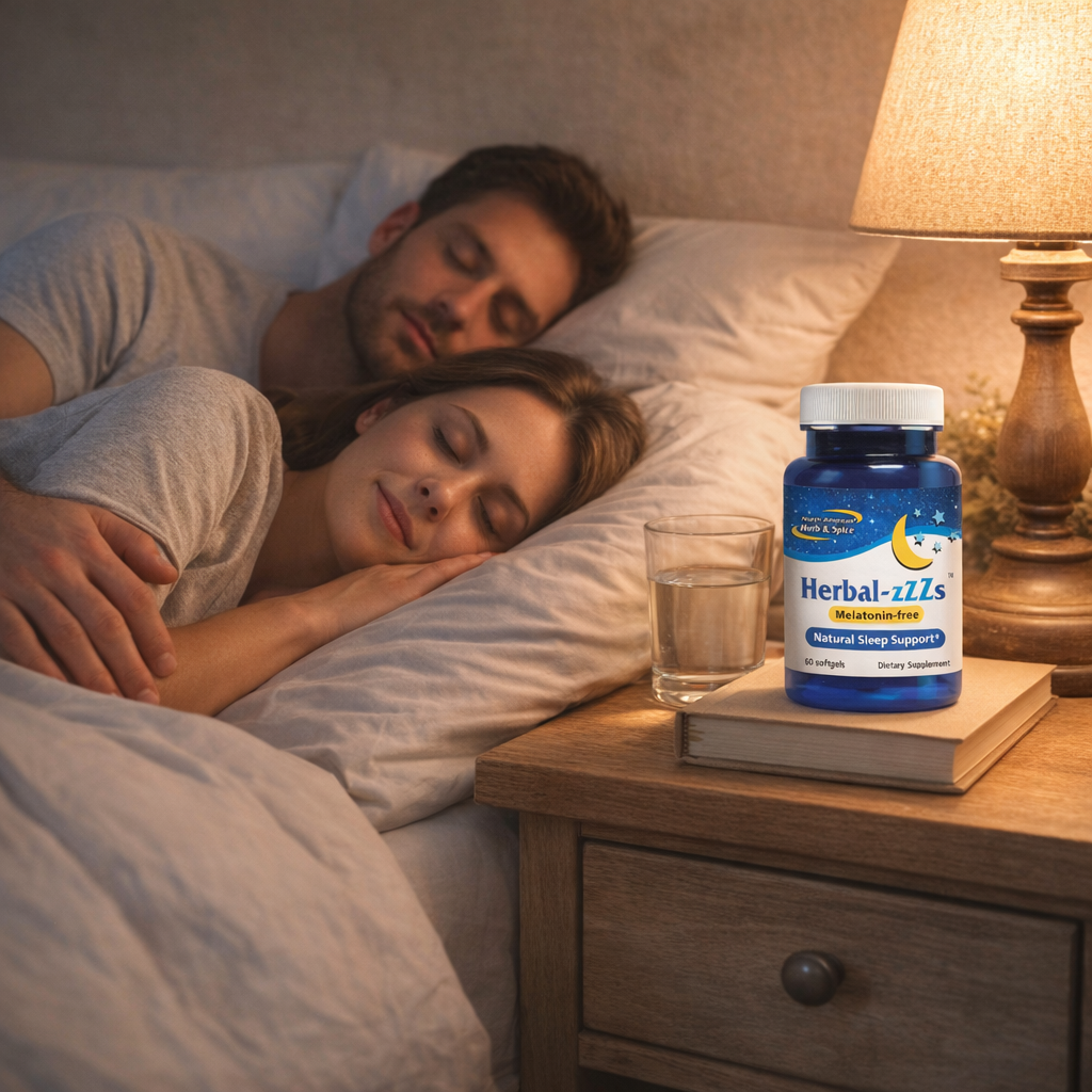 Lifestyle photo with Herbal-zzZs on a nightstand.